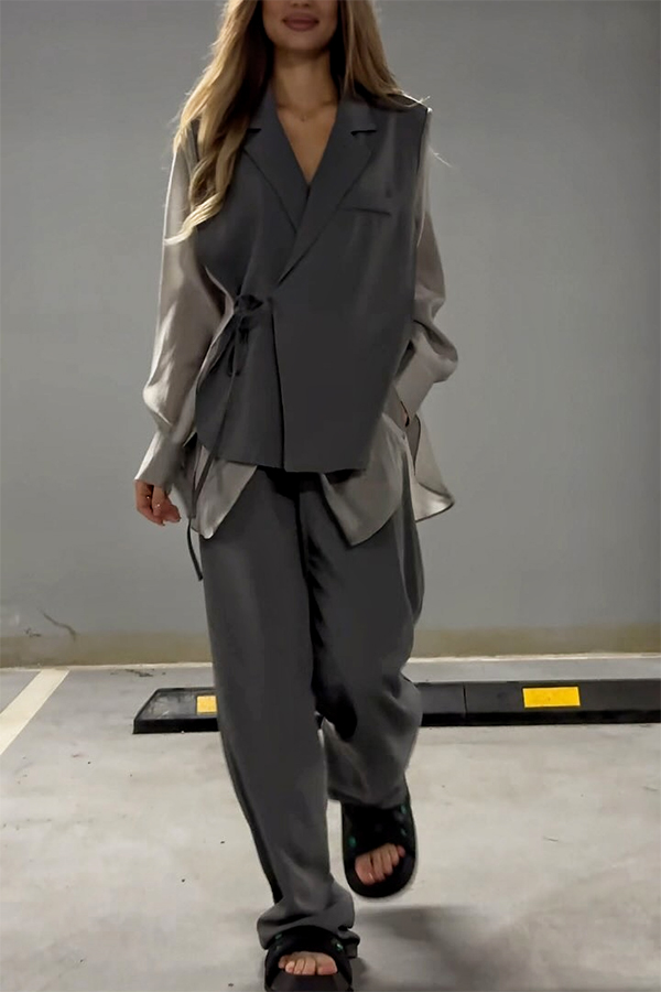 Chic and Elegant Chiffon Patchwork Irregular Lace-up Jacket and Pocketed Straight-leg Pants Set-consonak