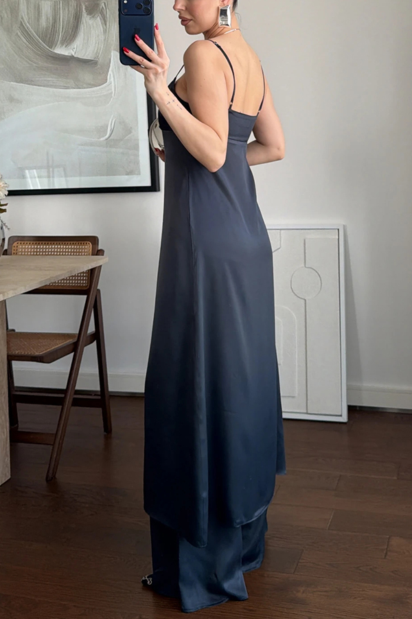 Giselle Satin Front Button Cutout Slit Midi Top and Elastic Waist Loose Pants Set