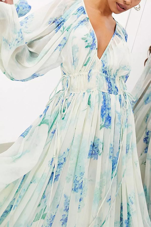 Headed To The Ocean Chiffon Floral Drawstring Waist Maxi Dresses-consonak