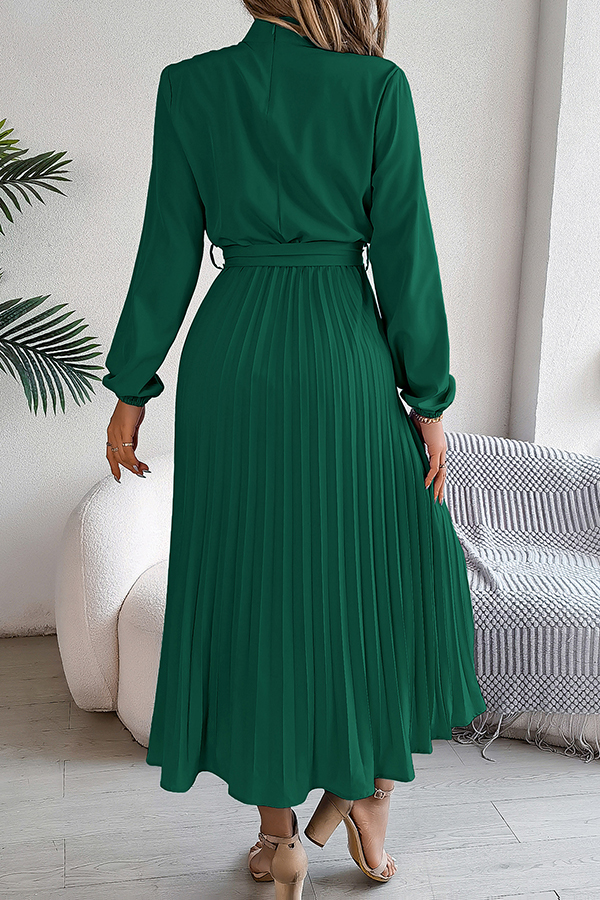 Elegant Stand-collar Long-sleeve Waisted Tie-up Pleated Midi Dress-consonak