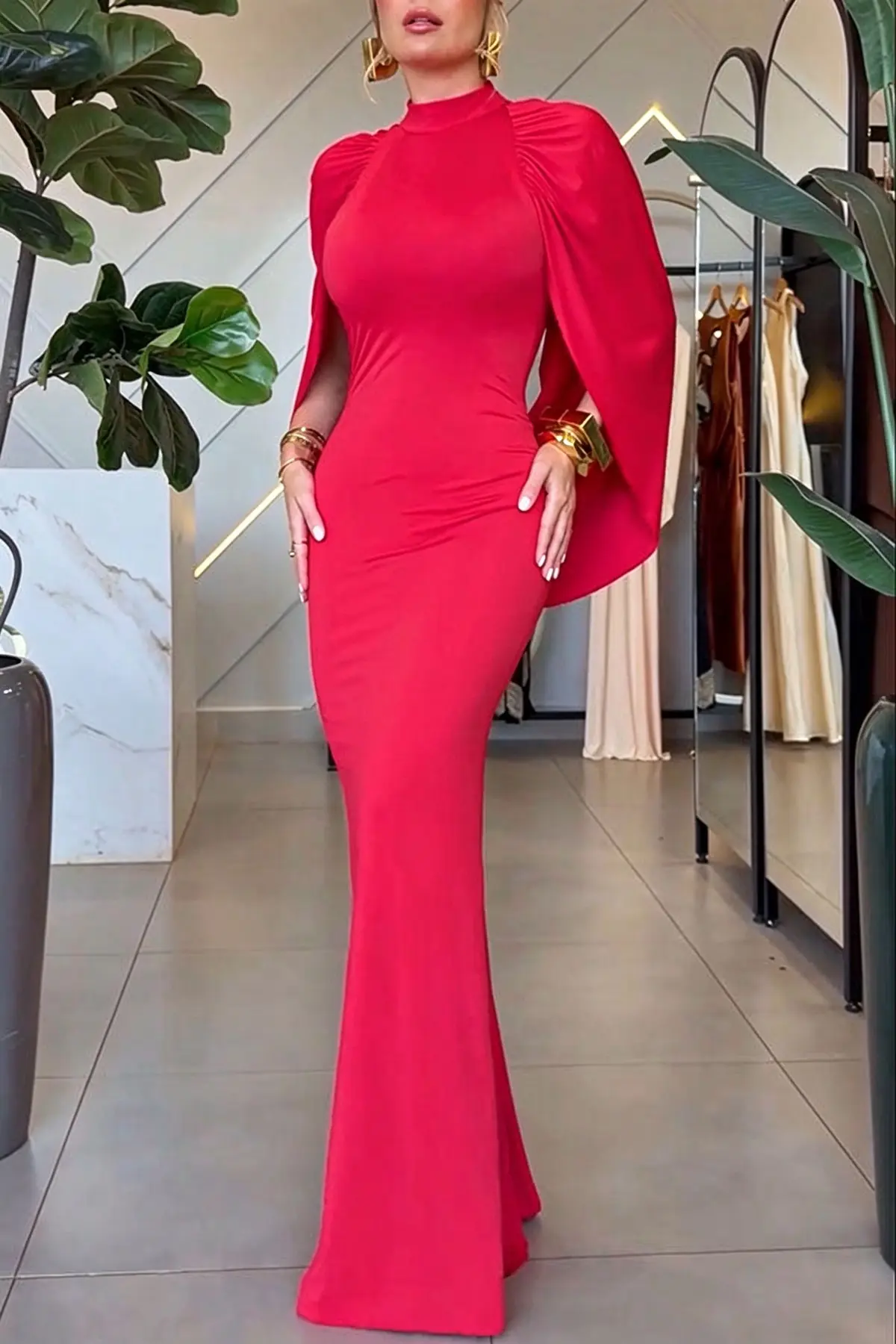 Mermaid High Neck Cape Sleeve Drape Open Back Evening Gown Maxi Dress-Consonak
