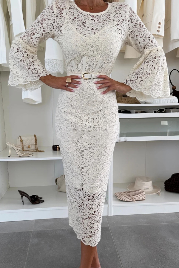 A Delicate Day Floral Lace Long Flared Sleeve Pencil Midi Dress Including Lining