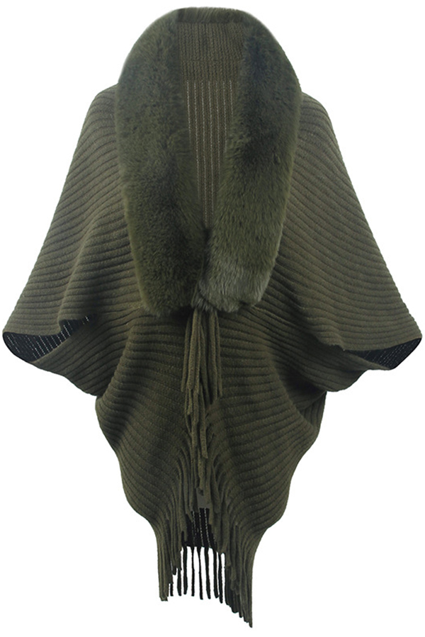 Fashionable Fur Collar Tassel Hem Knitted Shawl Cape-consonak