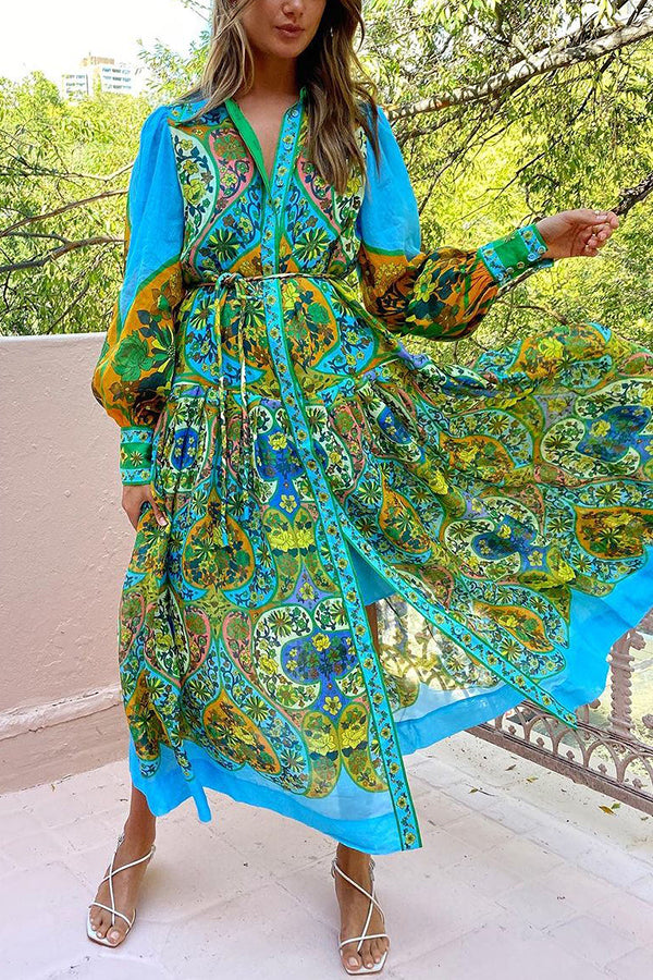 Feeling Butterflies Multi Unique Print Balloon Sleeve Belt Shirt Midi Dress-consonak