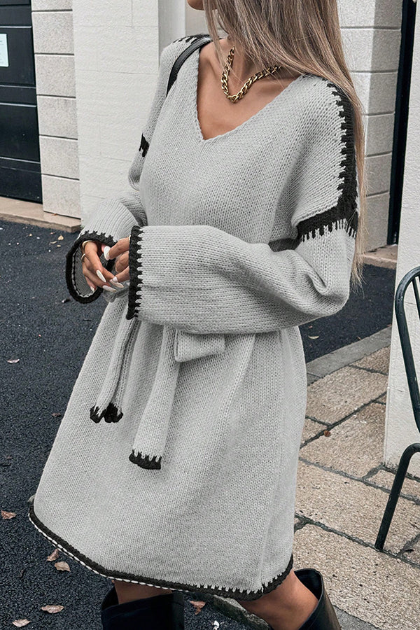 Stylish Loose-fitting Long-sleeved Tie-waist Knit Mini Dress-consonak