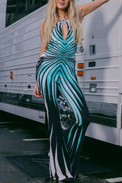 Unique Striped Print Halter Neck Cutout Tie-up Casual Flared Jumpsuit-consonak