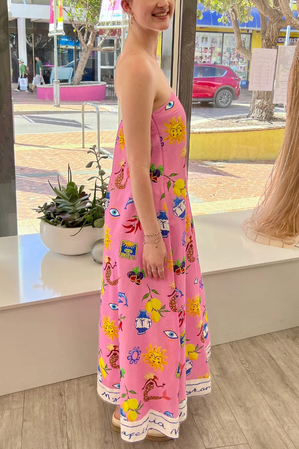 Linen Blend Unique Print Sleeveless Off-shoulder Casual Vacation Maxi Dress-consonak