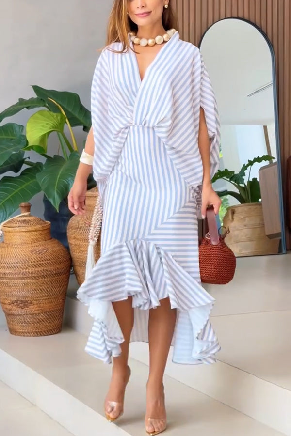 Tierra Striped V-neck Batwing Sleeve Loose Shirt and High Waist Irregular Fishtail Hem Midi Skirt Set-consonak