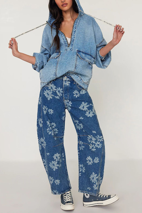Fashionable Printed Casual Loose Mid-rise Pocket Leg Jeans
