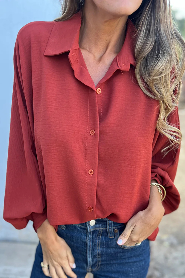 Solid Color Loose Batwing Sleeve Buttoned Casual Shirt-consonak