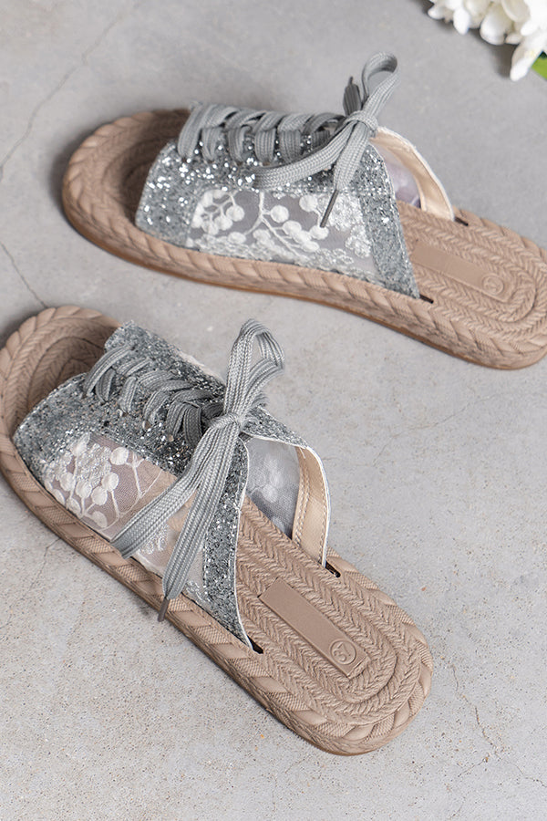 Sequined Mesh Embroidered Casual Strappy Flat Slippers-consonak