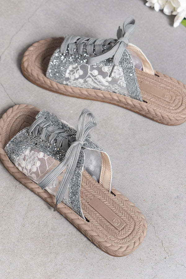 Sequined Mesh Embroidered Casual Strappy Flat Slippers-consonak