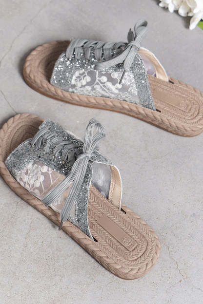 Sequined Mesh Embroidered Casual Strappy Flat Slippers-consonak