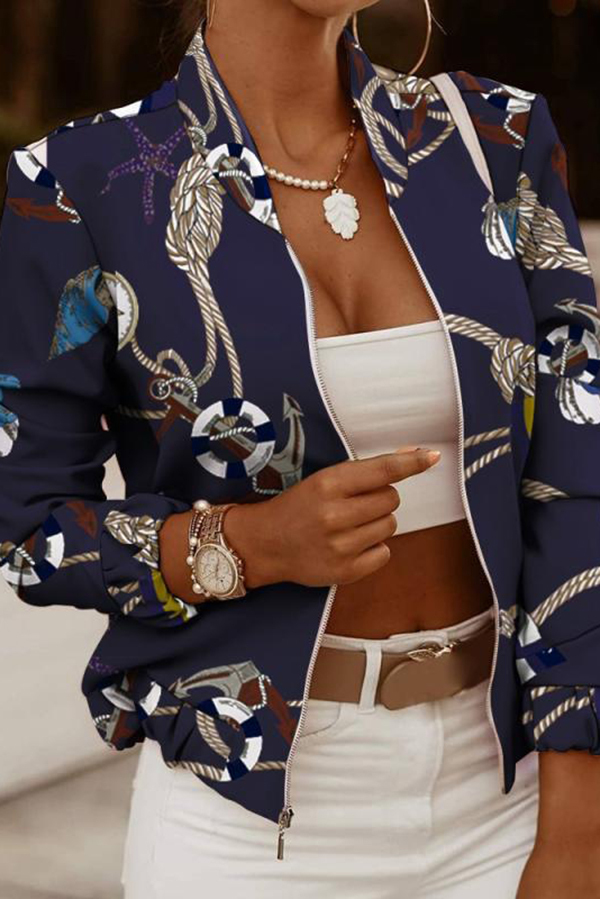 Unique Printed Casual Long Sleeve Zippered Loose Jacket-consonak