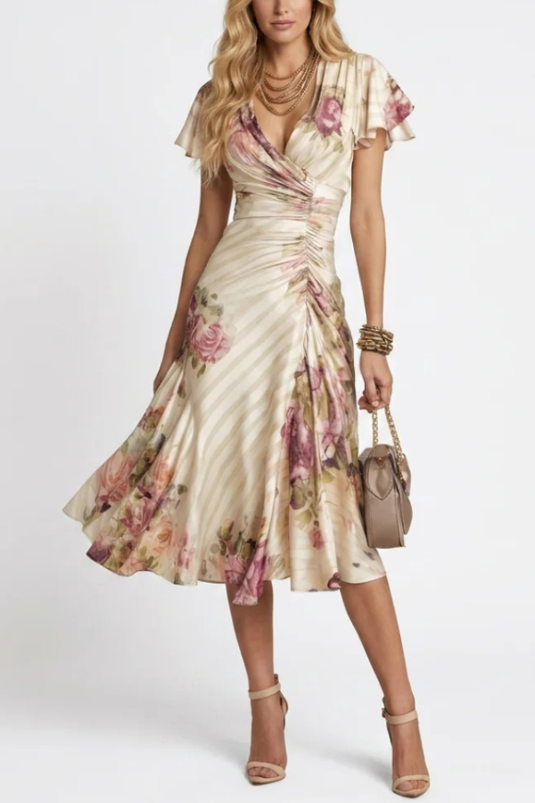 Floral Print V-neck Ruffled Sleeves Waist-cinching Pleated Elegant Midi Dress | Consonak