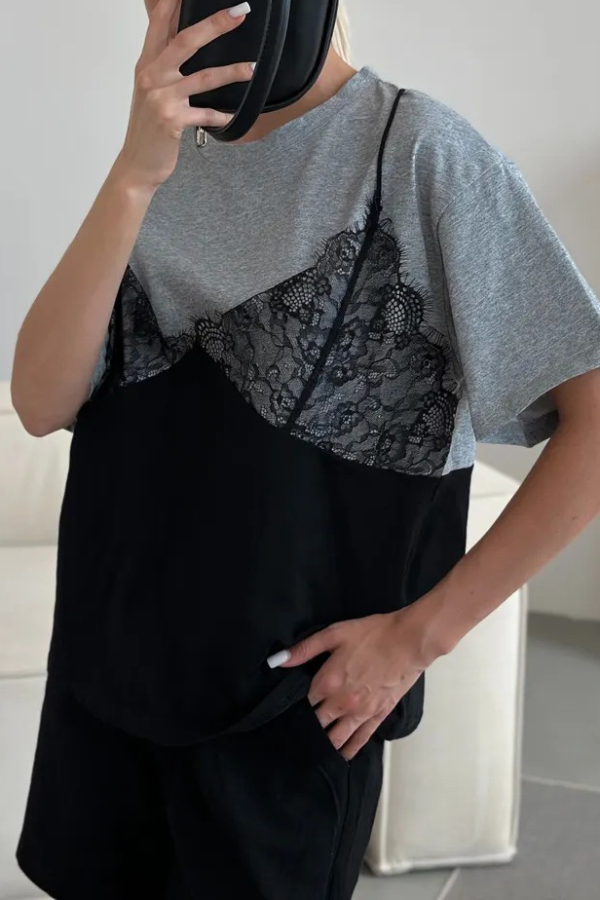 Fashionable Lace Patchwork Loose-fitting Round Neck Short-sleeved T-shirt