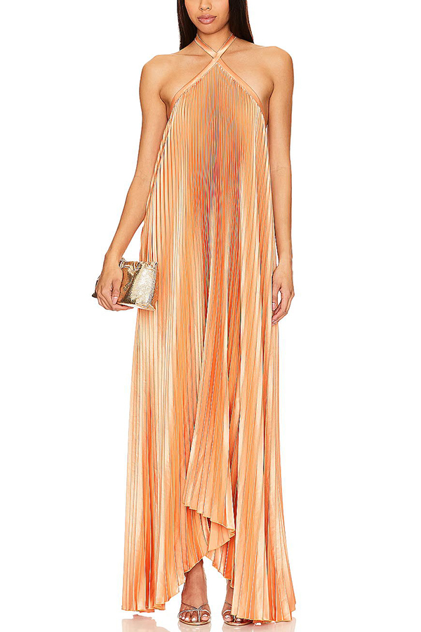 Luxurious Atmosphere Satin Halter Neck Backless A-line Gown Maxi Dress | Consonak
