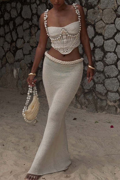 Kala Crochet Knit Braid Waist Slit Stretch Maxi Skirt-consonak