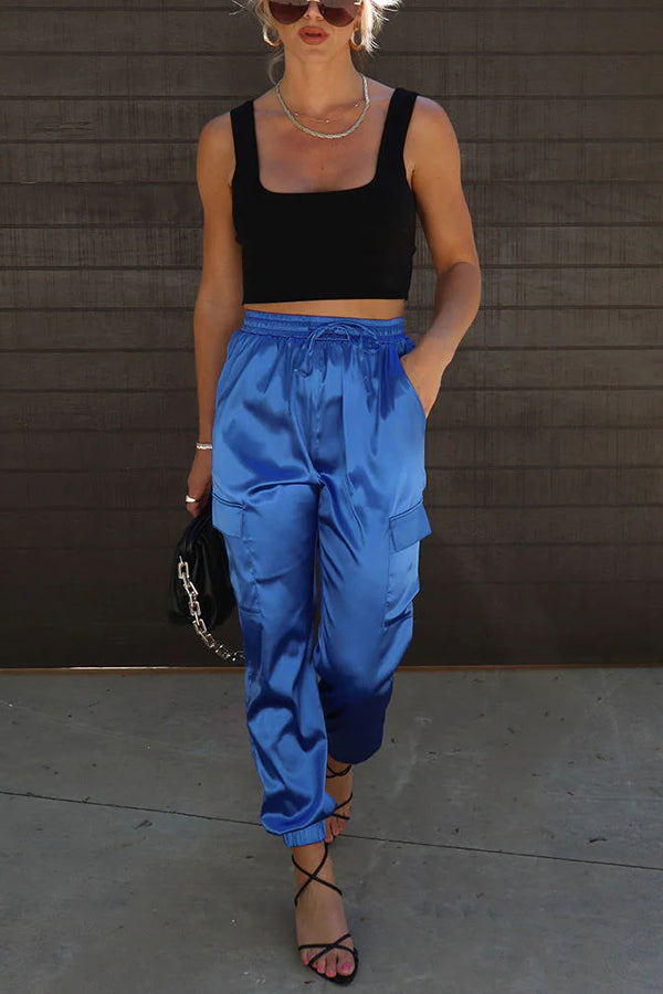 Something Great Satin Pocketed Elastic Waist Cargo Pants-consonak