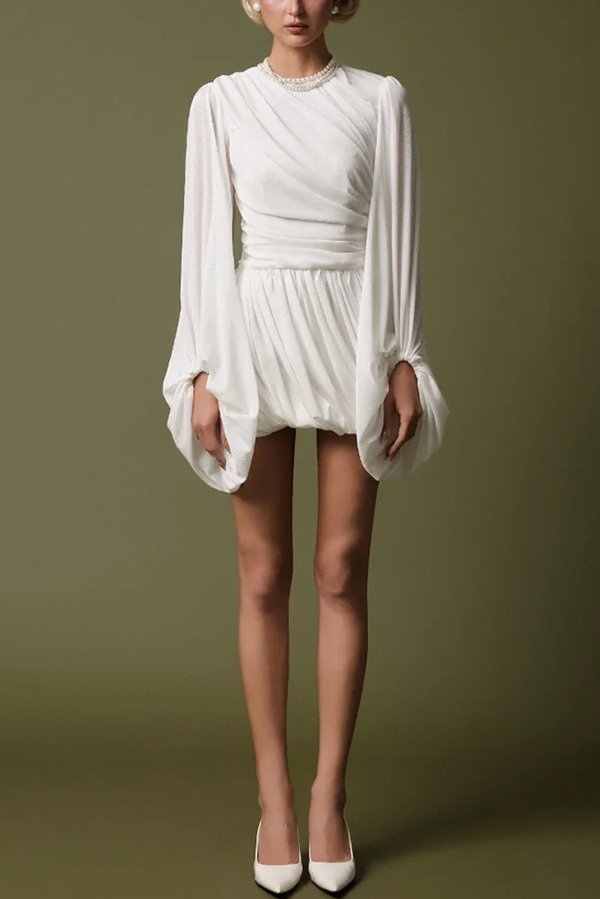 Solid Color Round Neck Lantern Long Sleeve Pleated Casual Mini Dress-consonak