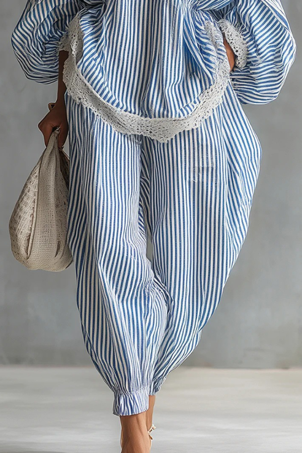 Striped Printed V-neck Lantern Sleeve Lace-trimmed Loose Top and Elastic Waist Casual Wide-leg Pants Set-Consonak