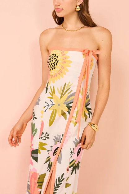 Inessa Linen Blend Floral Print Strapless Wrap Bow Maxi Dress-consonak