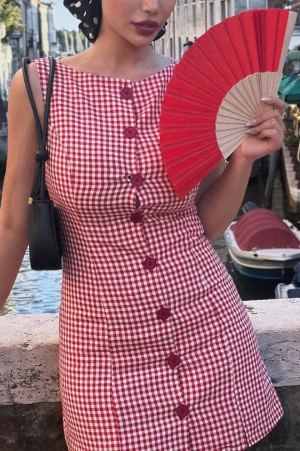 Retro Plaid Print Sleeveless Round Neck Button Casual Mini Dress | Consonak
