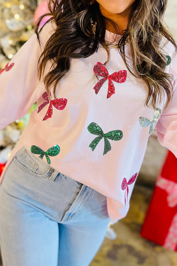 Christmas Sequined Bow Crew Neck Long-sleeved Loose Sweatshirt-consonak
