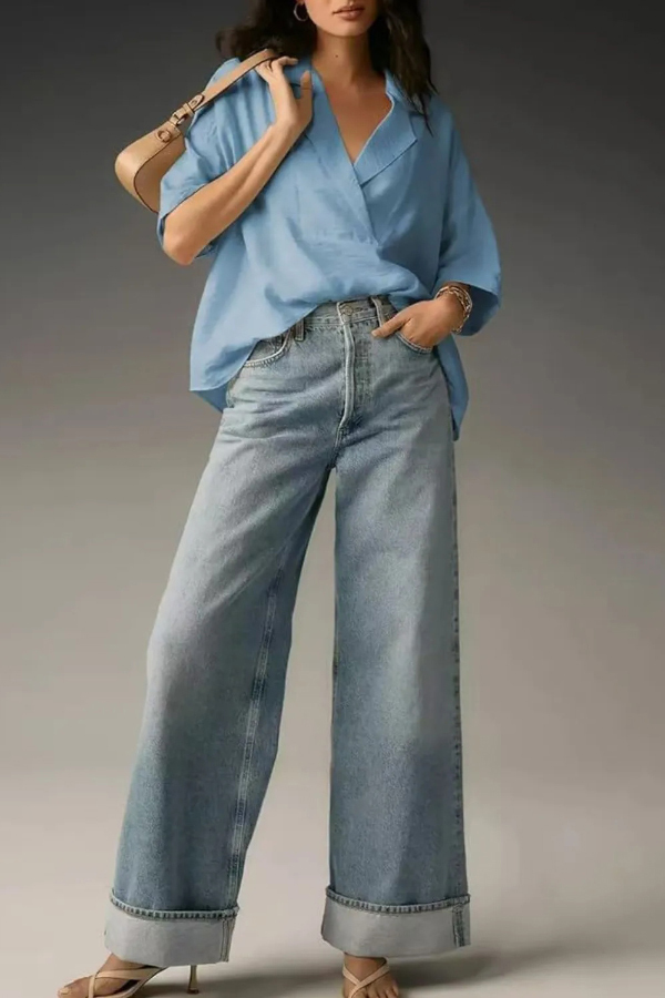 Solid Color Loose Lapel Short-sleeved Casual Shirt-consonak