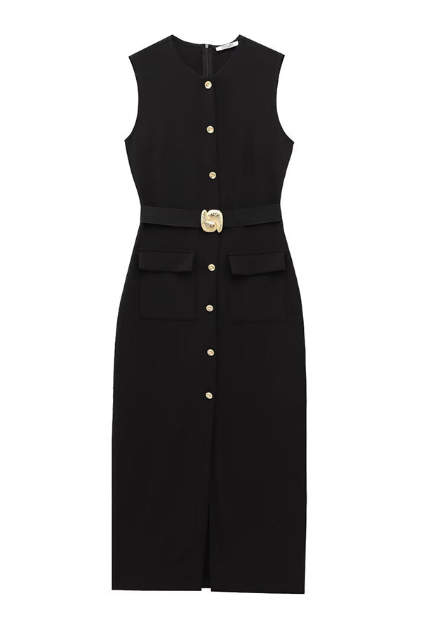Danina Button Up Sleeveless Metal Belted Pocket Stretch Midi Dress-consonak