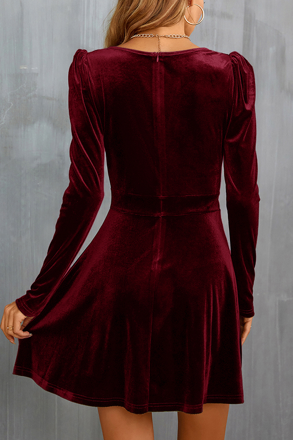 Solid Velvet V-neck Long-sleeved Waist Mini Dress-consonak