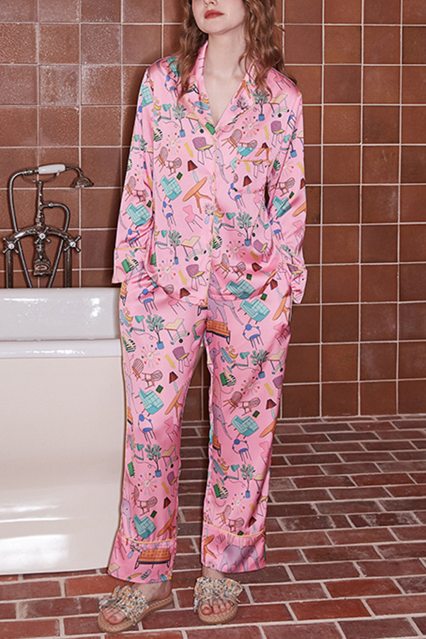 Pink Furniture Print Home Long-sleeved Two-piece Set-consonak