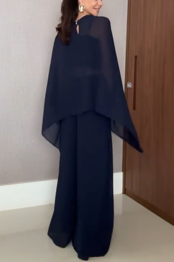 Veronica Chiffon Cape Flowing Top and Elastic Waist Wide-Leg Pants Set-consonak