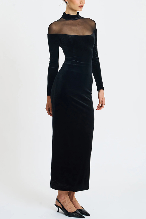 Fashionable Velvet and Mesh Spliced ​​long-sleeved Slim-fit Maxi Dress-consonak