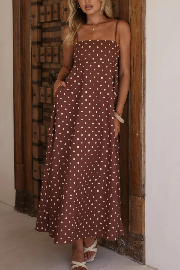 Polka Dot Print Square Neck Suspender Casual Pocket Maxi Dress-consonak