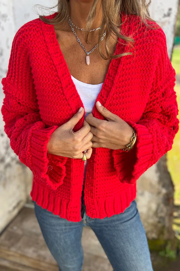 Fashion Knit Solid Color V-neck Long-sleeved Cardigan-consonak
