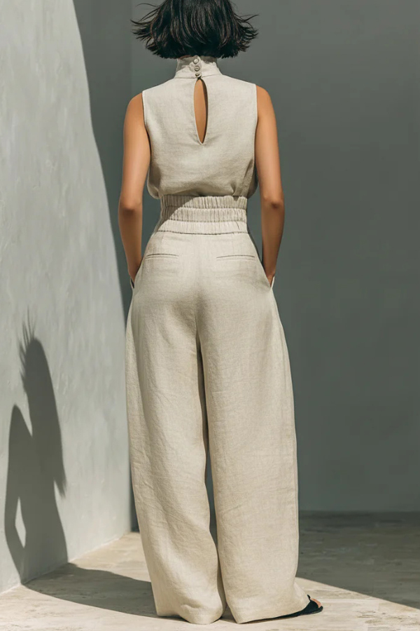 Linen Blend Solid Color Turtleneck Sleeveless Top and Casual High-waisted Elastic Waist Pocket Wide-leg Pants Set