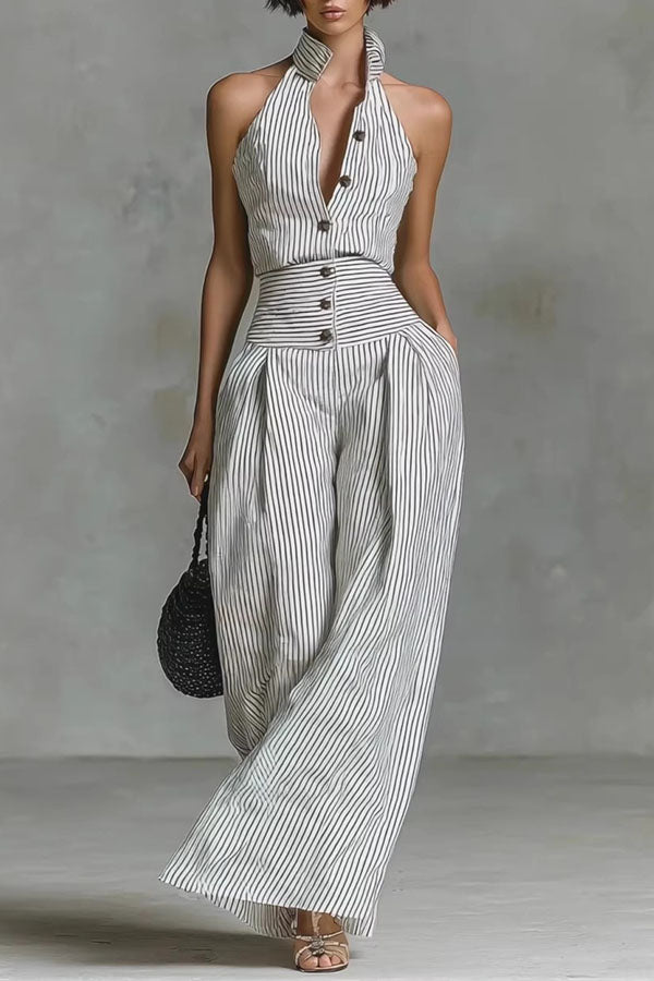 Striped Halter Neck Jumpsuit-Consonak