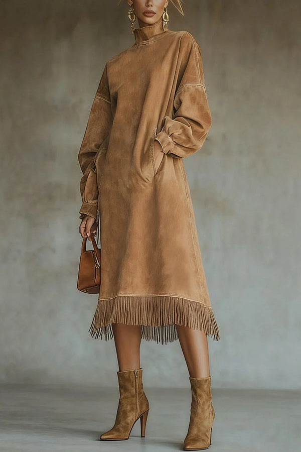 Solid Color Suede Loose Long-sleeved Casual Pocket Tassel Hem Midi Dress-consonak