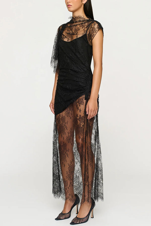 Romantic Statement Lace One Shoulder Bell Sleeve Asymmetrical Maxi Dress-consonak