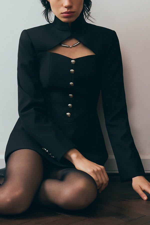 Elegant Long-sleeved Hollowed-out Button-down Slim-fit Mini Dress-consonak