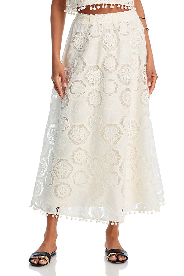Nice Try Embroidered Crochet Lace Tassle Trim Elastic Waist Midi Skirt-consonak
