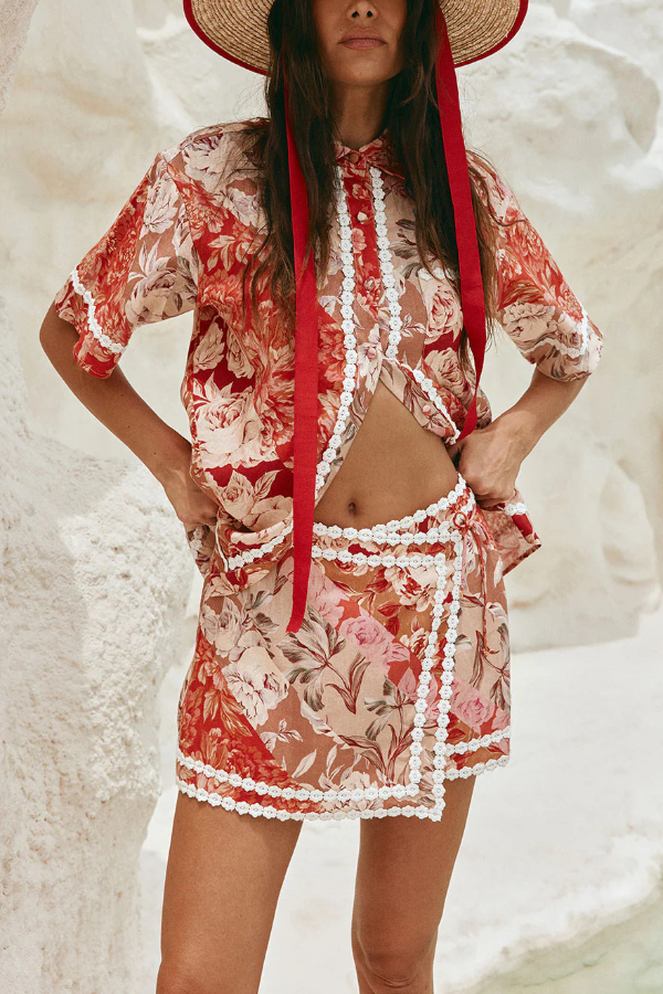 Floral Print Collared Short-sleeved Loose-fitting Shirt and Casual Floral Trim Mini Skirt Set-consonak