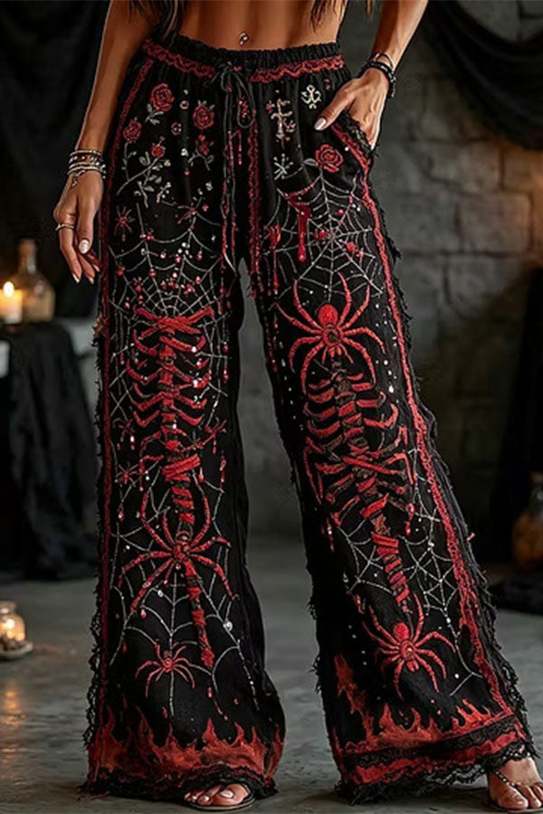 Halloween Dark-themed Printed Wide-Leg Pants-Consonak