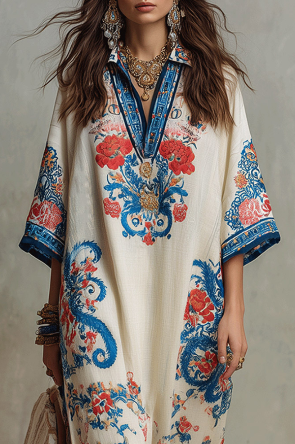 Unique Print Loose V-Neck Casual Slit Maxi Dress