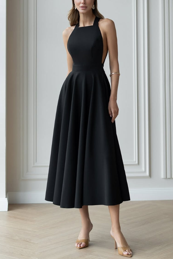 Solid Color Halter Neck Bow Tie Elegant Waist-cinching Midi Dress | Consonak