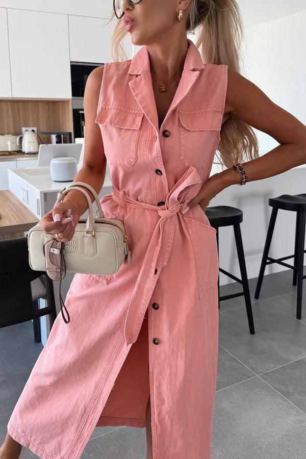 Solid Color Sleeveless Single Breasted Waist Tie Casual Pocket Denim Midi Dress | Consonak