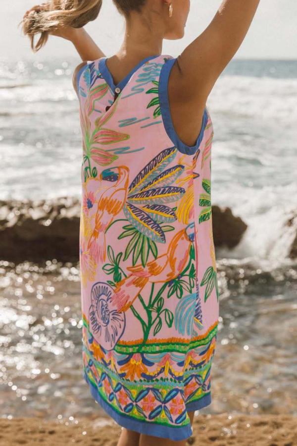 Summer Unique Print Loose Round Neck Sleeveless Casual Pocket Mini Dress