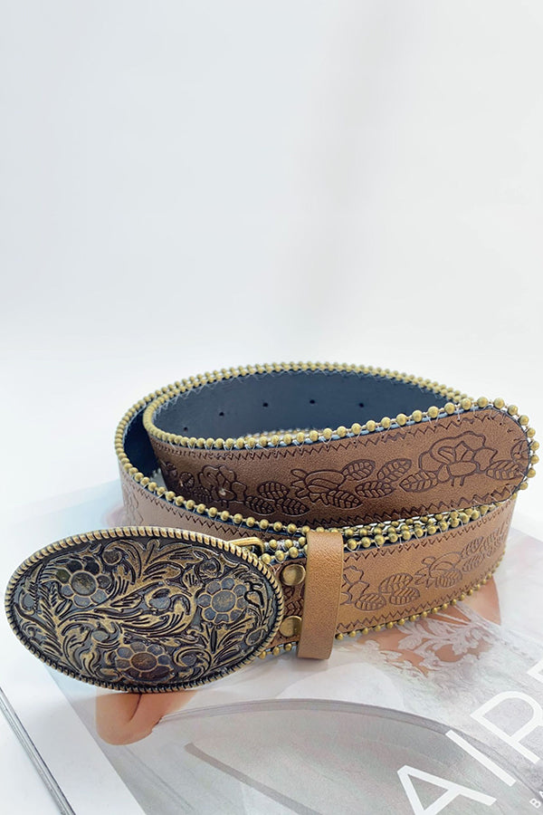 Retro Versatile Faux Leather Carved Brown Belt-consonak
