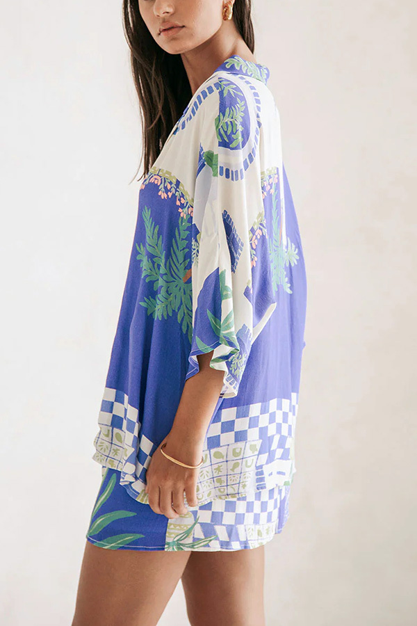 Balmy Summer Nights Unique Print Loose Shirt and Elastic Waist Wrap Lace-up Skirt Set-consonak